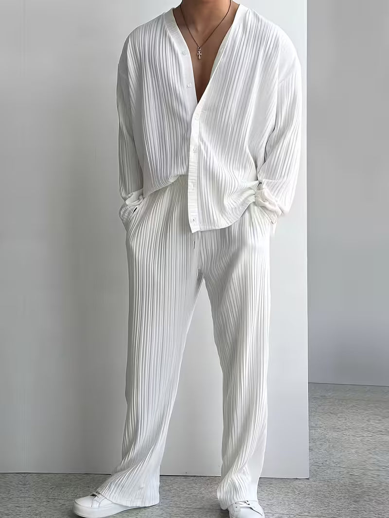 Men's V-Neck Striped 2-Piece Summer Shirt & Pants Set