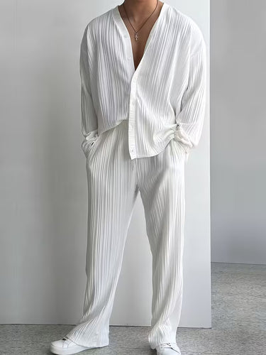 Men's V-Neck Striped 2-Piece Summer Shirt & Pants Set