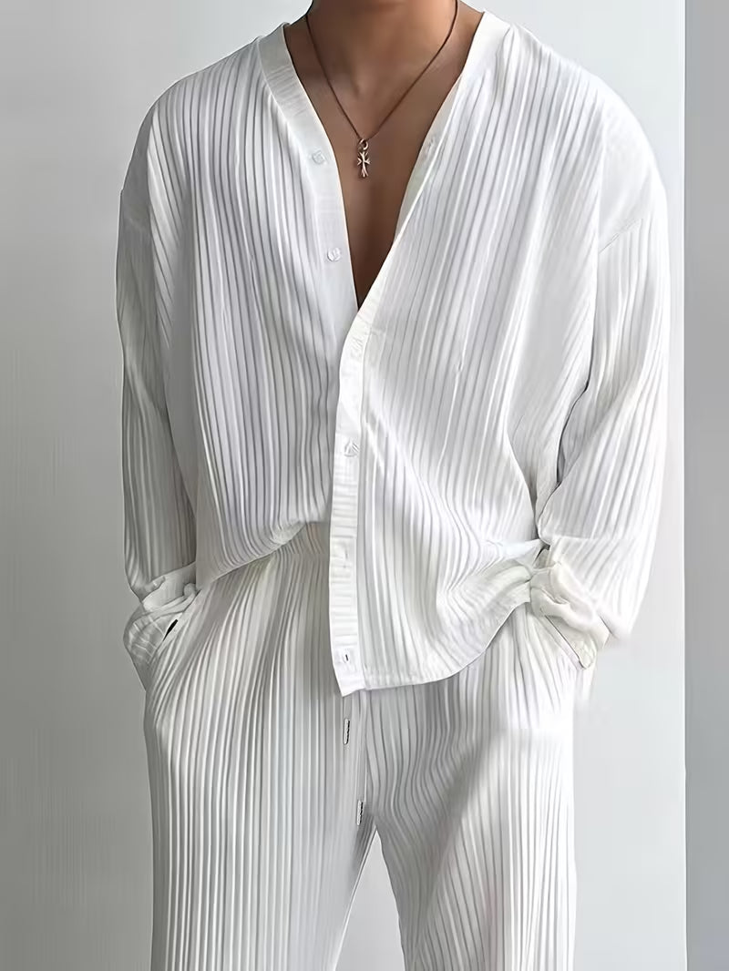 Men's V-Neck Striped 2-Piece Summer Shirt & Pants Set