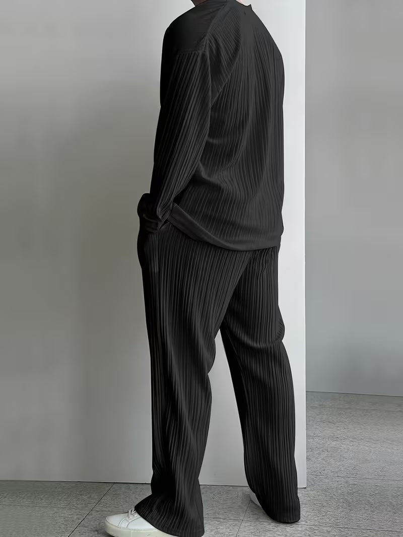 Men's V-Neck Striped 2-Piece Summer Shirt & Pants Set
