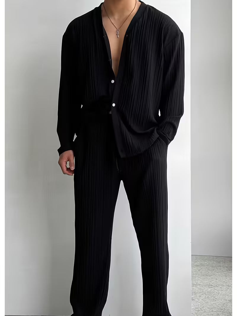 Men's V-Neck Striped 2-Piece Summer Shirt & Pants Set