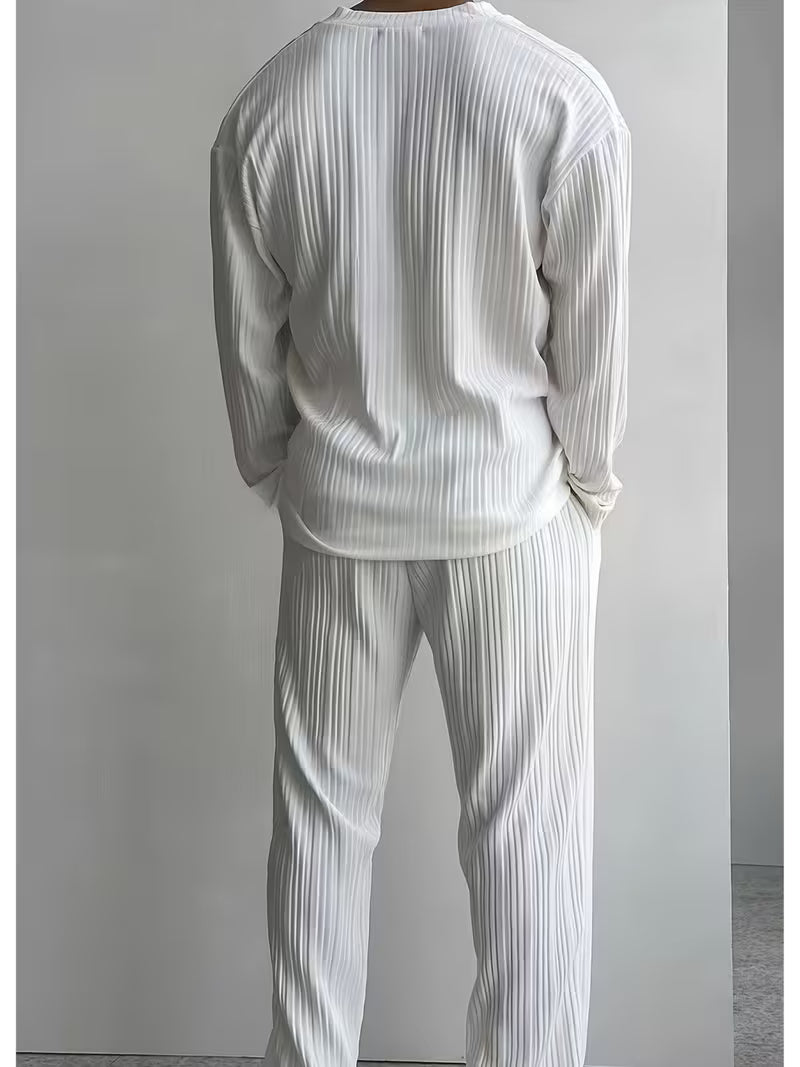 Men's V-Neck Striped 2-Piece Summer Shirt & Pants Set