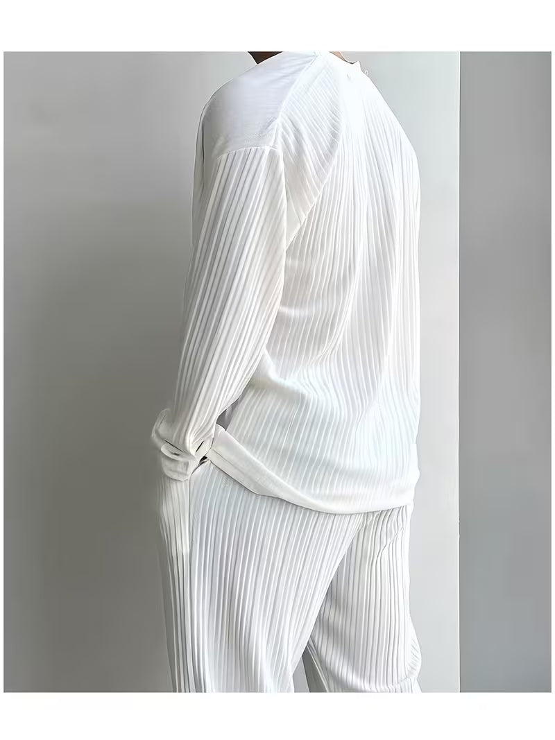 Men's V-Neck Striped 2-Piece Summer Shirt & Pants Set