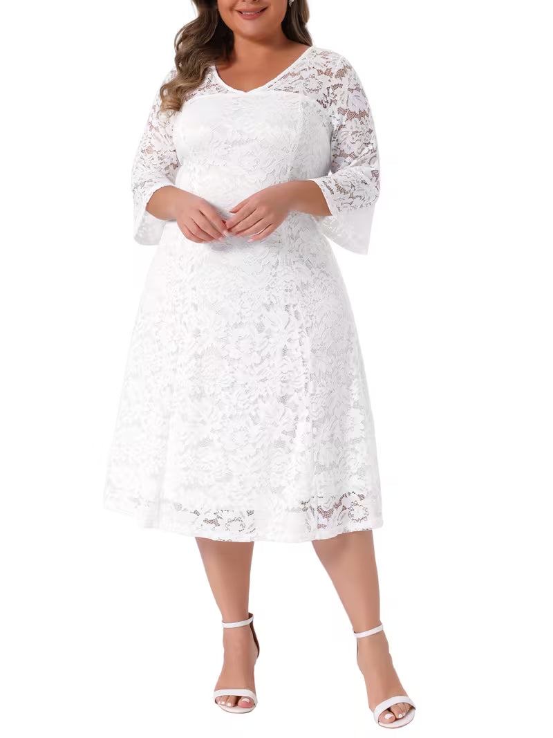 Plus Size Lace V-Neck Midi Wedding & Bridesmaid Dress