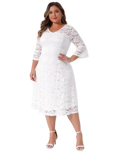 Plus Size Lace V-Neck Midi Wedding & Bridesmaid Dress