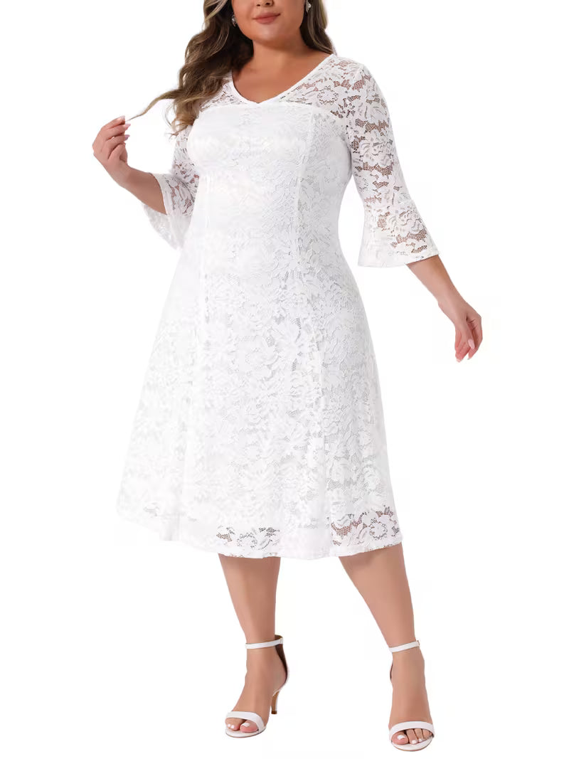 Plus Size Lace V-Neck Midi Wedding & Bridesmaid Dress