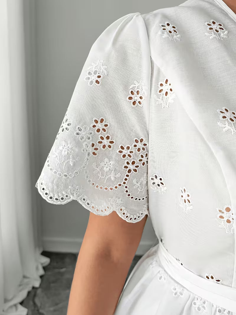 Plus Size White Lace Embroidered V-Neck A-Line Dress