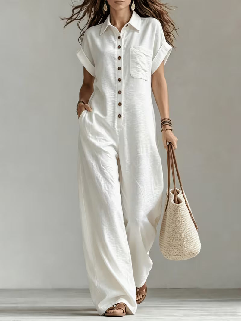 Women's Summer Short Sleeve Cargo Jumpsuit with Button Front