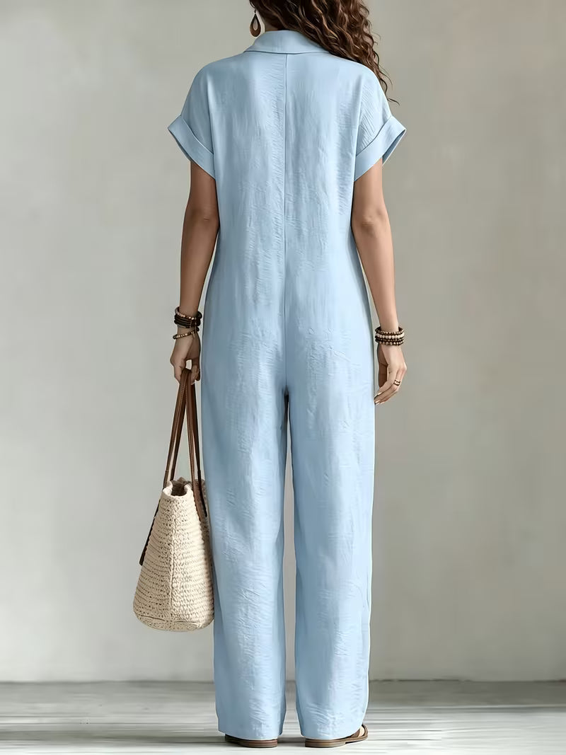 Women's Summer Short Sleeve Cargo Jumpsuit with Button Front