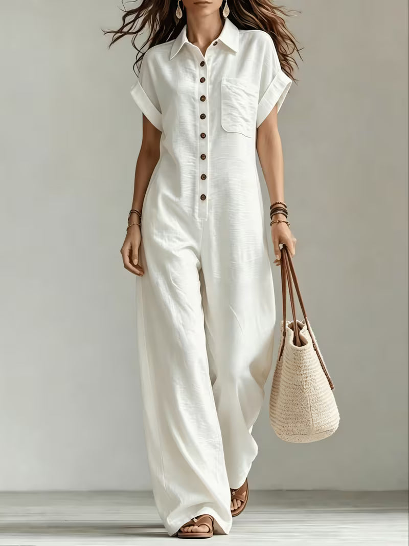 Women's Summer Short Sleeve Cargo Jumpsuit with Button Front