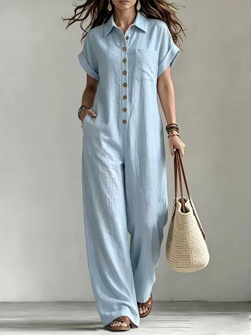 Women's Summer Short Sleeve Cargo Jumpsuit with Button Front