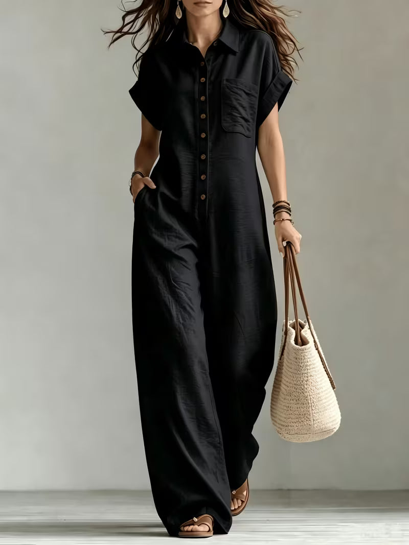 Women's Summer Short Sleeve Cargo Jumpsuit with Button Front