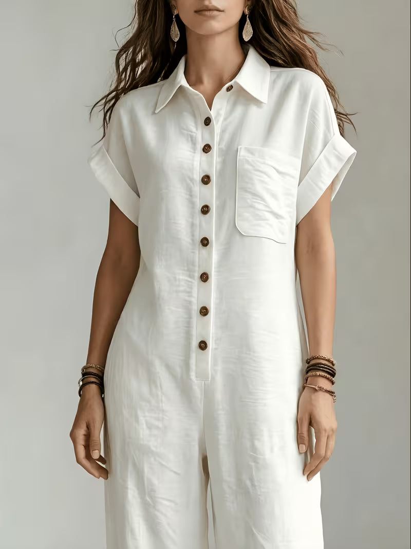 Women's Summer Short Sleeve Cargo Jumpsuit with Button Front