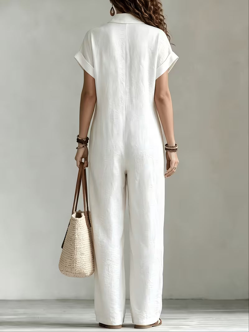Women's Summer Short Sleeve Cargo Jumpsuit with Button Front