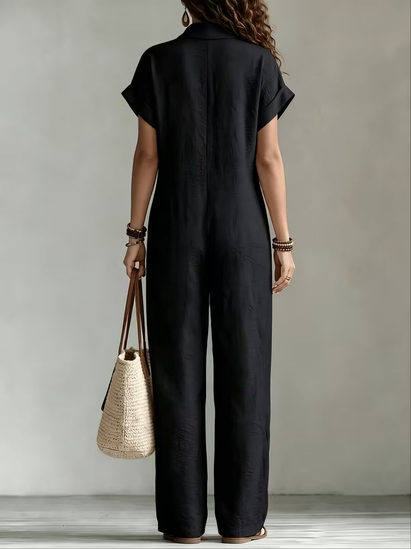 Women's Summer Short Sleeve Cargo Jumpsuit with Button Front
