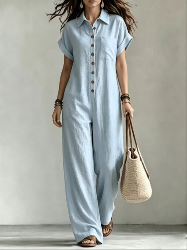 Women's Summer Short Sleeve Cargo Jumpsuit with Button Front