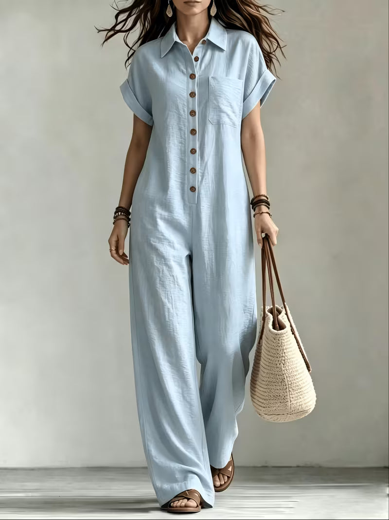 Women's Summer Short Sleeve Cargo Jumpsuit with Button Front
