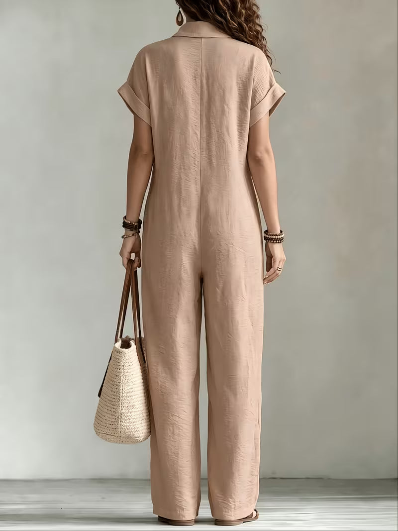 Women's Summer Short Sleeve Cargo Jumpsuit with Button Front