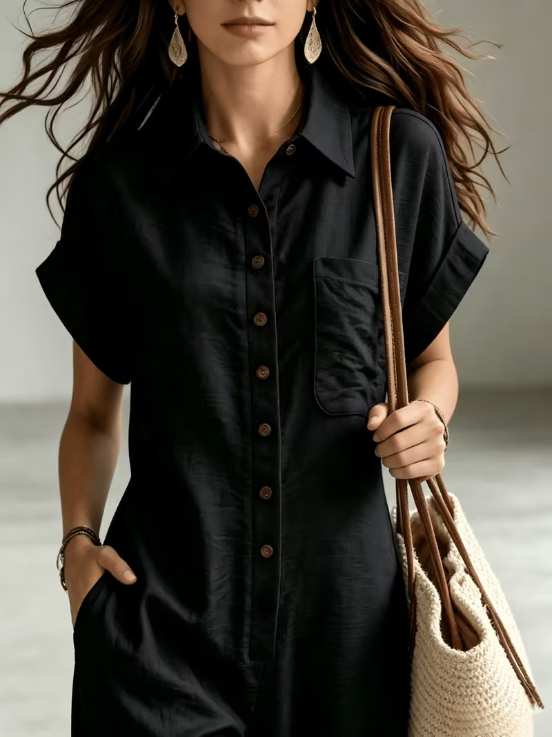 Women's Summer Short Sleeve Cargo Jumpsuit with Button Front