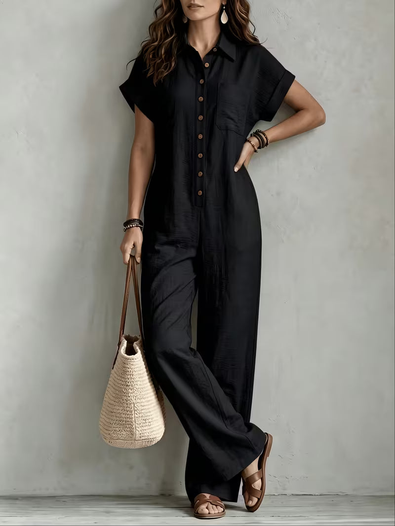Women's Summer Short Sleeve Cargo Jumpsuit with Button Front