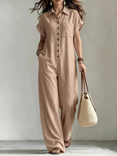 Women's Summer Short Sleeve Cargo Jumpsuit with Button Front