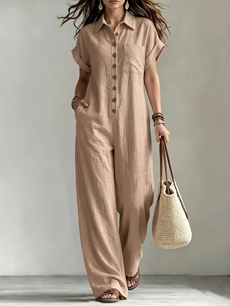 Women's Summer Short Sleeve Cargo Jumpsuit with Button Front