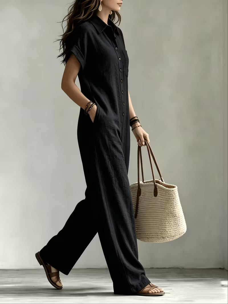 Women's Summer Short Sleeve Cargo Jumpsuit with Button Front