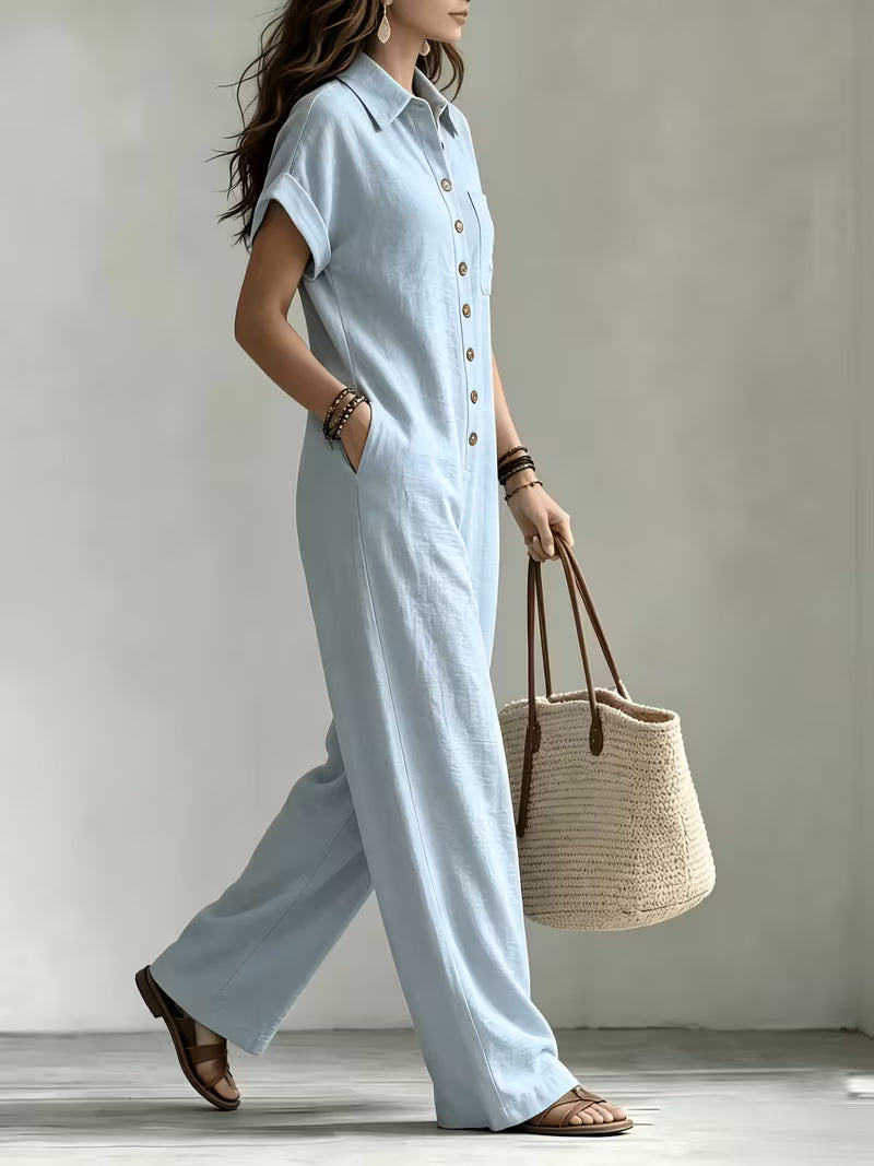 Women's Summer Short Sleeve Cargo Jumpsuit with Button Front